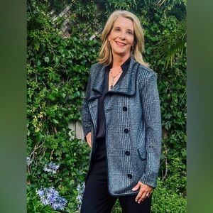 NEW! CABI Chill Jacket, Plaid Printed Ponte, Blue / Grey / Black, size XL NWOT